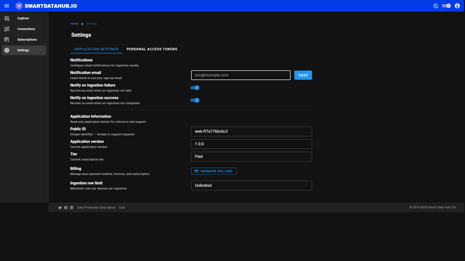 Settings screen — Application Settings tab