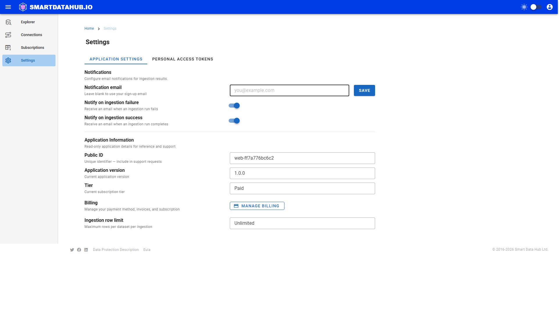 Settings screen — Application Settings tab