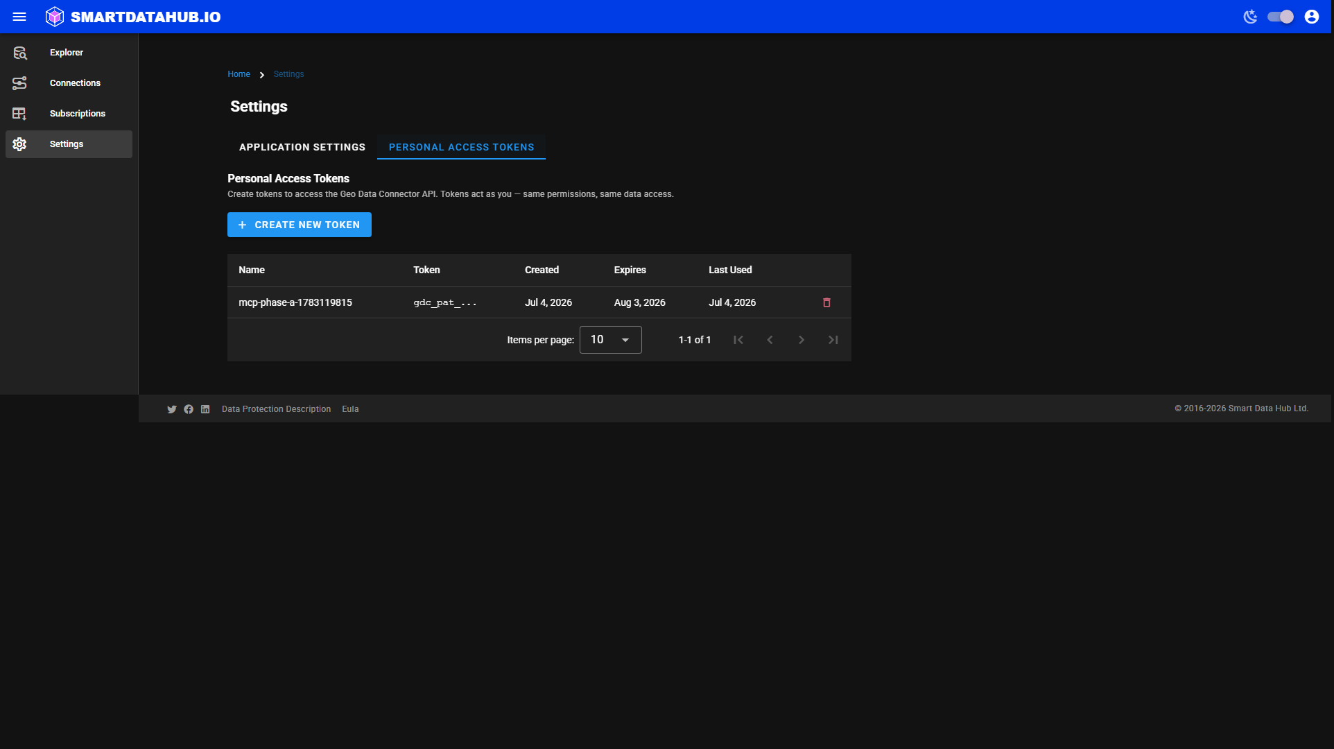 Settings screen — Personal Access Tokens tab